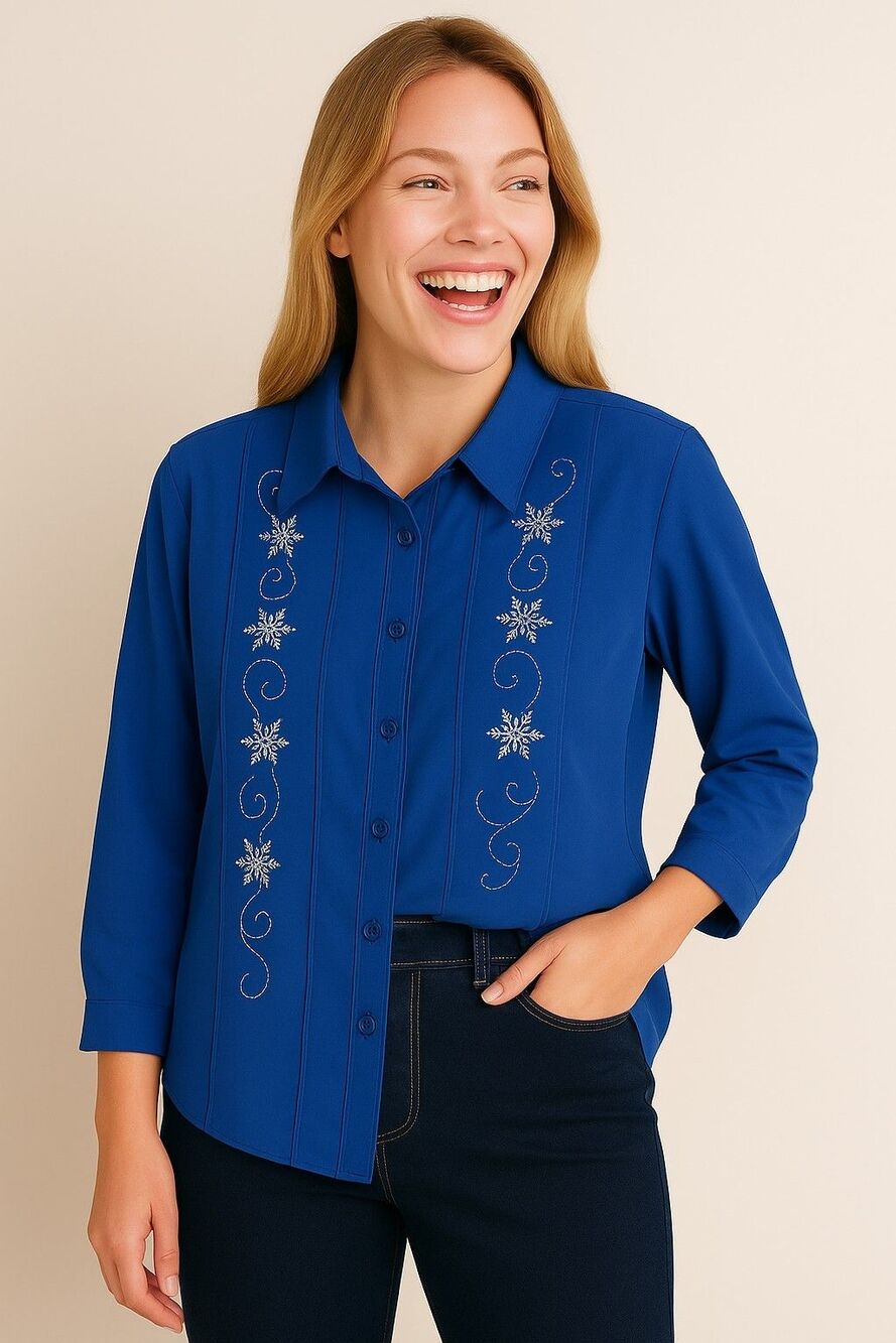 Blair Snowflake Embroidered Satin Button Front Blouse 2XL
